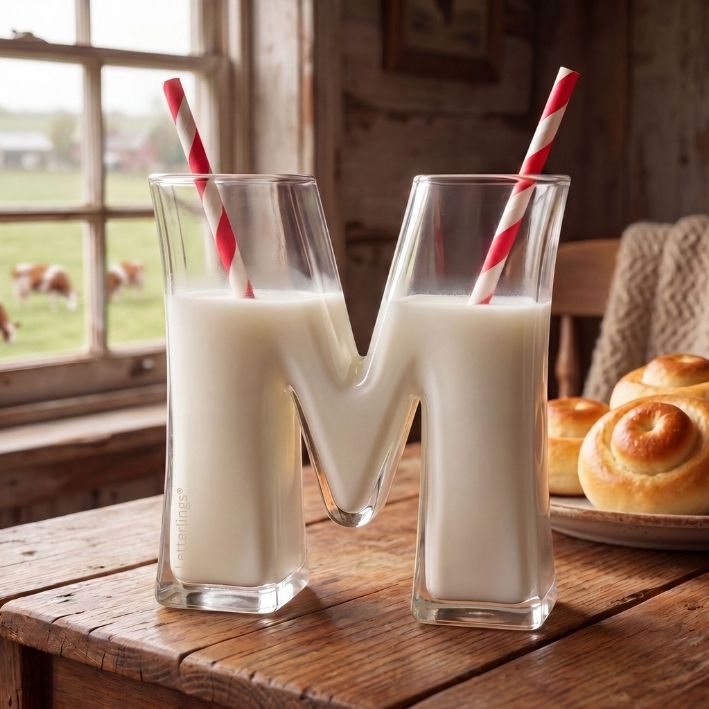 M-Letterling als Glas Milch verkleidet